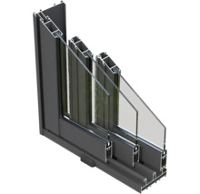 Coupe transversale d'une fenêtre à triple vitrage