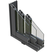 Coupe transversale d'une fenêtre en aluminium avec vitrage multiple