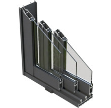 Coupe transversale d'une fenêtre avec cadre et triple vitrage