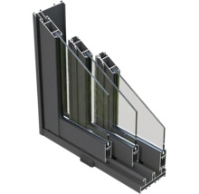 Coupe transversale d'une fenêtre coulissante avec vitrage multiple et cadre en aluminium
