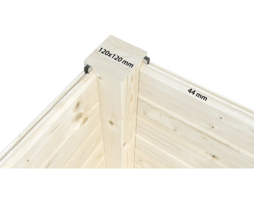 Vue détaillée d'un angle en bois avec des dimensions de 120 x 120 millimètres et 44 millimètres