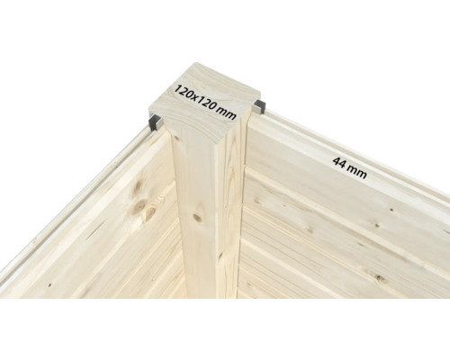 Vue détaillée d'un angle en bois avec les dimensions 120 x 120 mm et 44 mm