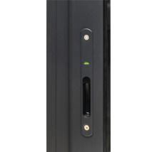 Vue détaillée d'une poignée de porte coulissante avec niveau à bulle intégré et fixation par vis