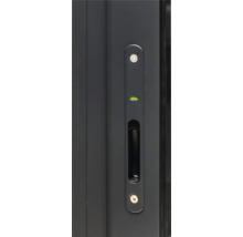 Vue détaillée d'une poignée de porte coulissante avec niveau à bulle intégré