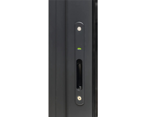 Vue détaillée d'une poignée de porte coulissante avec niveau à bulle intégré