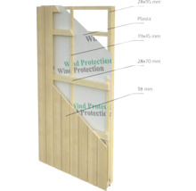 Coupe transversale d'un mur en bois avec film de protection contre le vent, plastique et différentes lattes en bois