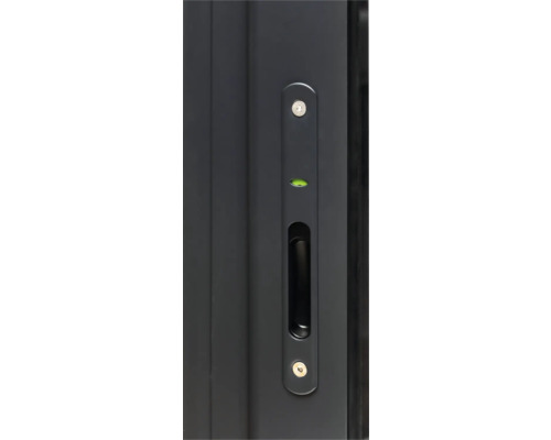 Vue détaillée d'une poignée de porte coulissante avec niveau à bulle intégré