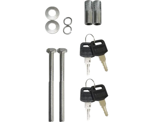 Befestigungsmaterial bestehend aus Schrauben, Unterlegscheiben, Sprengring, Dübel und Schlüssel