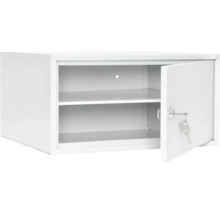 Armoire à clés blanche avec deux étagères et une clé