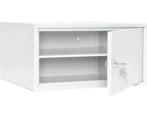 Armoire à clés blanche avec deux étagères et une clé