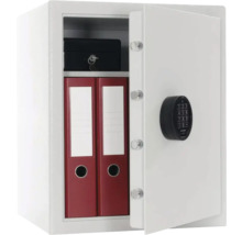 Coffre-fort ouvert avec serrure à combinaison numérique, deux classeurs et une boîte verrouillable