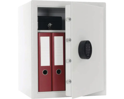 Coffre-fort ouvert avec serrure à combinaison numérique, deux classeurs et une boîte verrouillable