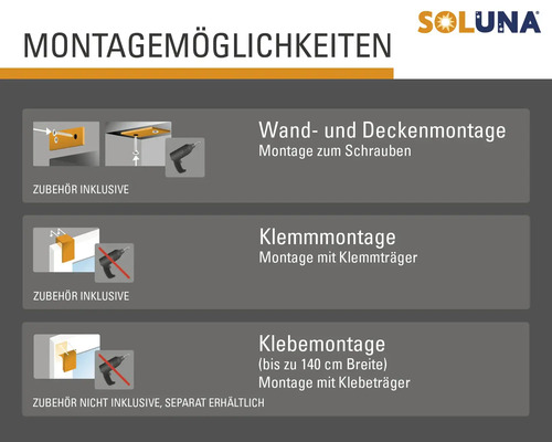 Montageoptionen für Soluna Produkte: Wand-, Decken-, Klemm- und Klebemontage