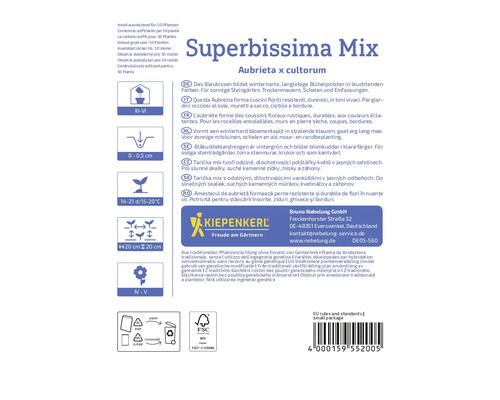 Verpackung Superbissima Mix Aubrieta x cultorum mit Informationen zu Anzucht, Pflege und Eigenschaften der Pflanze