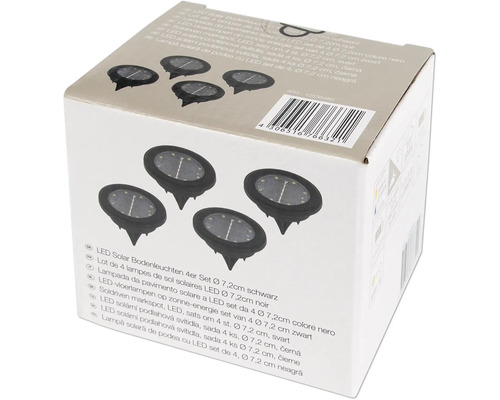Verpackung von schwarzen LED Solar Bodenleuchten im 4er Set mit 7,2 cm Durchmesser