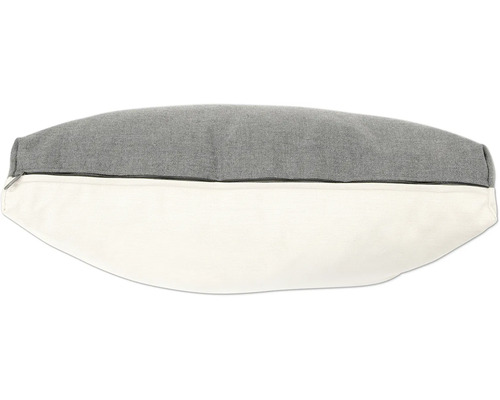 Dekokissen mit Reissverschluss, grauer Oberseite und hellem Unterteil.