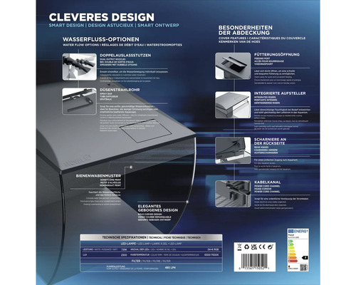 Merkmale des Fluval Aquariums, einschließlich Wasserdurchflussoptionen, Abdeckung, LED Lampe und technischen Spezifikationen