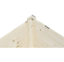 Detailansicht einer Holzecke mit Maßangaben 16 mm, 16 x 45 mm und 28 x 28 mm.