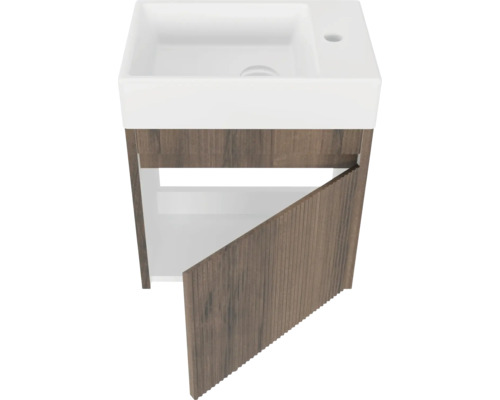 Meuble-lavabo avec compartiment ouvert et porte en bois