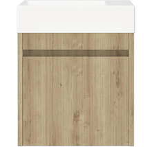 Meuble sous-lavabo avec décor bois et un lavabo