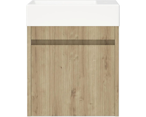 Meuble sous-lavabo avec décor bois et un lavabo