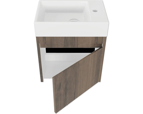 Meuble sous-lavabo avec porte ouverte