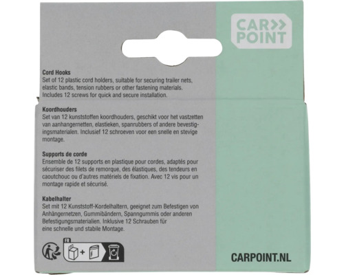 Set mit zwölf Kunststoff-Kordelhaltern inklusive Schrauben zur Befestigung von Anhängernetzen, Gummibändern und Spanngummis