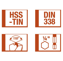 Symboles pour HSS-TiN, DIN 338, 118 degrés et 1/4 pouce