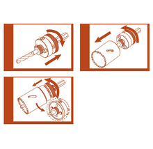 Illustration d'une scie cloche avec foret et fixation