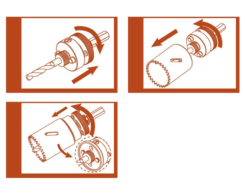 Illustration d'une scie cloche avec foret et fixation