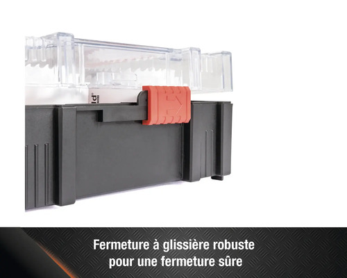Boîte à outils avec fermeture coulissante pour une prise sûre