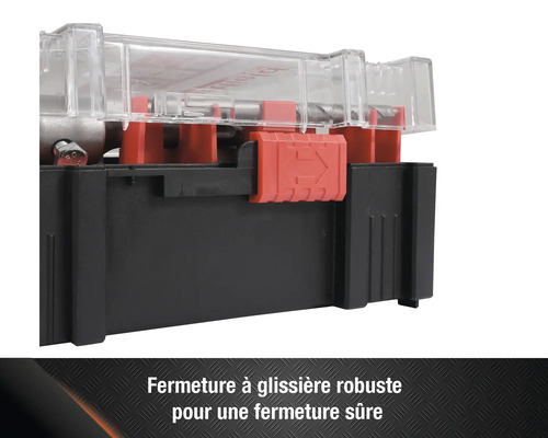 Vue détaillée d'une boîte à outils avec couvercle transparent et fermeture coulissante rouge