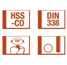 Symboles pour forets : HSS-CO, DIN 338, angle de pointe de 135 degrés, diamètre du foret