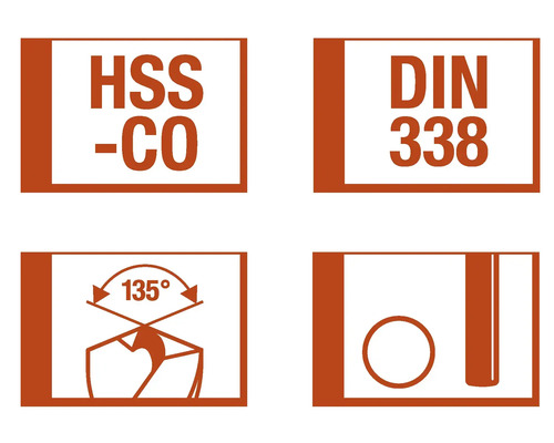 Symboles pour forets : HSS-CO, DIN 338, angle de pointe de 135 degrés, diamètre du foret