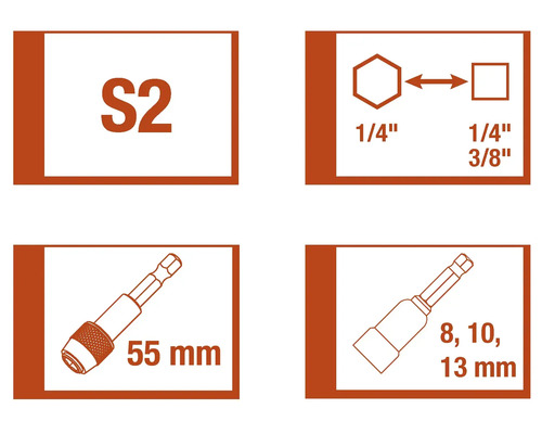 Informations sur l'acier S2, l'entraînement hexagonal de 1/4 de pouce, l'entraînement carré de 1/4 de pouce et de 3/8 de pouce, ainsi que le porte-embout de 55 millimètres de long et les douilles de 8, 10 et 13 millimètres