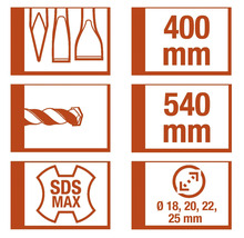 Symboles et dimensions d'un foret : formes de foret, 400 mm, 540 mm, SDS Max, diamètre 18 mm, 20 mm, 22 mm, 25 mm