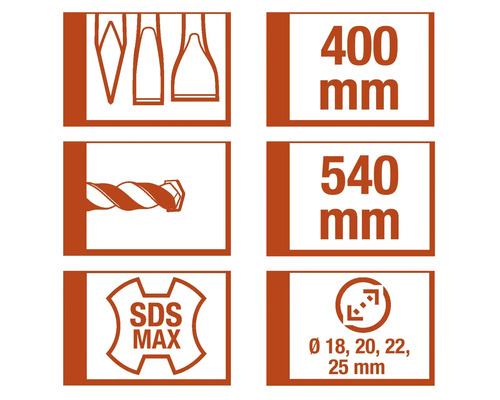 Symboles et dimensions d'un foret : formes de foret, 400 mm, 540 mm, SDS Max, diamètre 18 mm, 20 mm, 22 mm, 25 mm