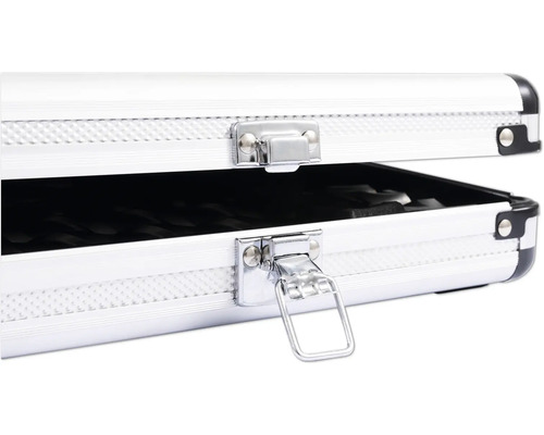 Mallette à outils ouverte en aluminium avec fermetures argentées