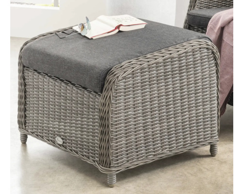 Tabouret de fauteuil de jardin tressé avec coussin en tissu gris, livre et lunettes.