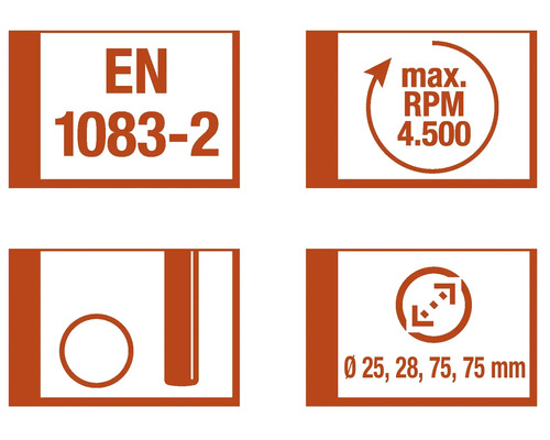 Norme EN 1083-2, vitesse de rotation maximale 4500 tours par minute, diamètre 25, 28, 75, 75 millimètres