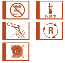 Pictogrammes : Protéger de l’humidité, température de stockage de 2 à 30 degrés, corrosif, recyclage et porter une protection oculaire