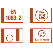 EN 1083-2 Norm, maximale Drehzahl 4500 U/min, Durchmesser 25, 45, 75 Millimeter