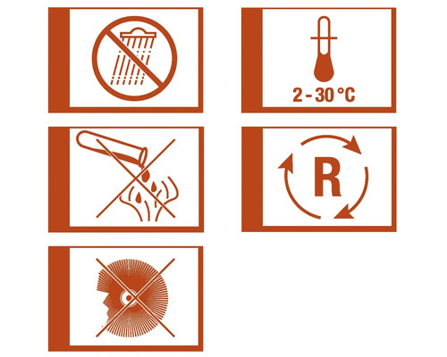 Symbole zur Produktlagerung und Handhabung: Vor Regen schützen, Lagertemperatur 2 bis 30 Grad, nicht in die Kanalisation gelangen lassen, Recycling, Augenschutz tragen