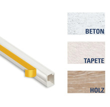 Kunststoff-Kabelschutzkanal mit Klebeband und Beispielen für Untergründe: Beton, Tapete und Holz