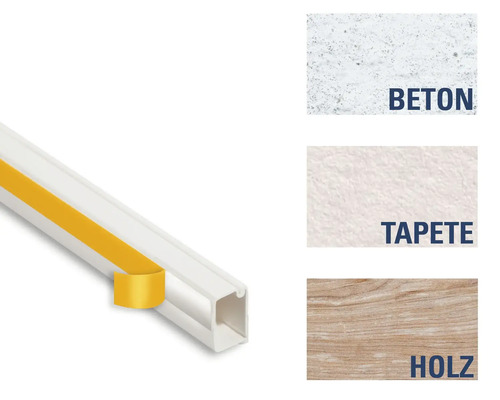 Kabelkanal mit Klebestreifen und Darstellung von Untergründen wie Beton, Tapete und Holz