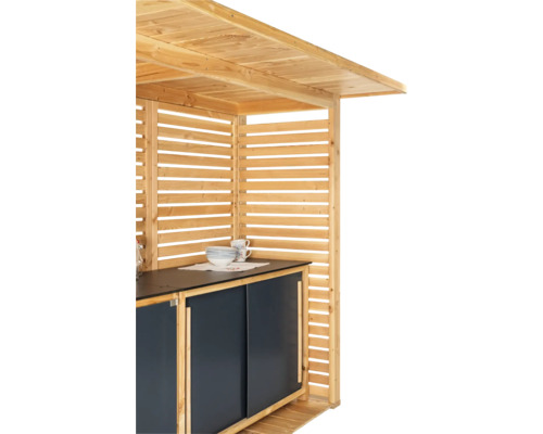 Vue détaillée d'une maison de jardin en bois avec plan de travail et armoires