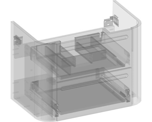 Waschtischunterschrank mit zwei Schubladen und abgerundeten Seiten in einer transparenten Ansicht.