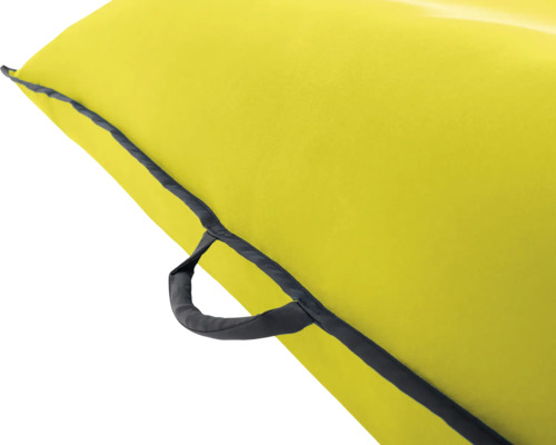 Vue détaillée d'un kayak jaune avec une poignée de transport noire.