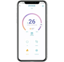 Intex Spa App auf einem Smartphone zur Steuerung von Temperatur, Heizung, Filtration und Blasenfunktion