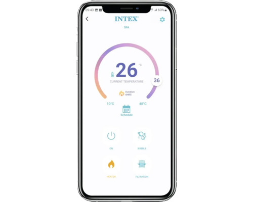 Intex Spa App auf einem Smartphone zur Steuerung von Temperatur, Heizung, Filtration und Blasenfunktion